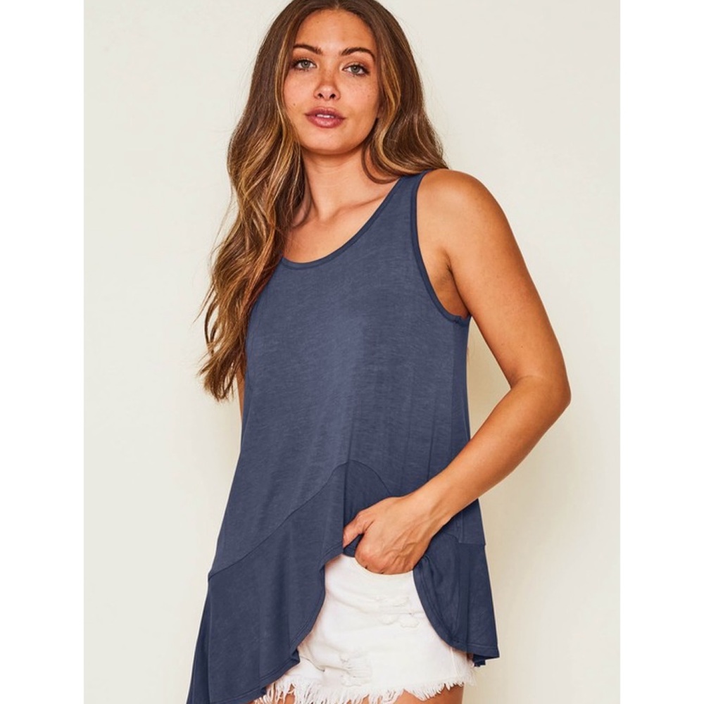 Denim Blue Fall Casual Basic Tops Women’s Navy Summer Muscle Tank Ruffle Tops